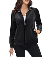 MAGCOMSEN Women's Velour Jackets Full Zip-up Fleece Jacket 2 Zipper Pockets Lightweight Soft Casu...