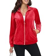 MAGCOMSEN Women's Velour Jackets Full Zip-up Fleece Jacket 2 Zipper Pockets Lightweight Soft Casu...